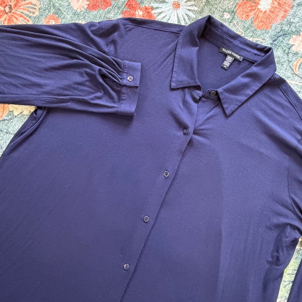 Eileen‎ Fisher Navy Blue Viscose Jersey Button Down Tunic Top Womens Large L/G